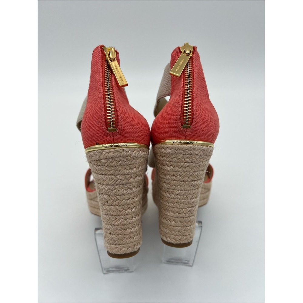 Michael Kors Coral and Natural Canvas Espadrille Wedge Sandals size 7.5 - Picture 5 of 12